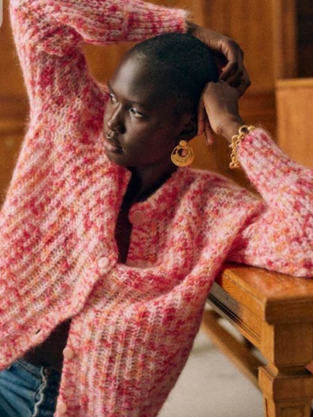 Sezane Emile Cardigan Multicolor Rose Wool Mohair Blend Size Large Rare